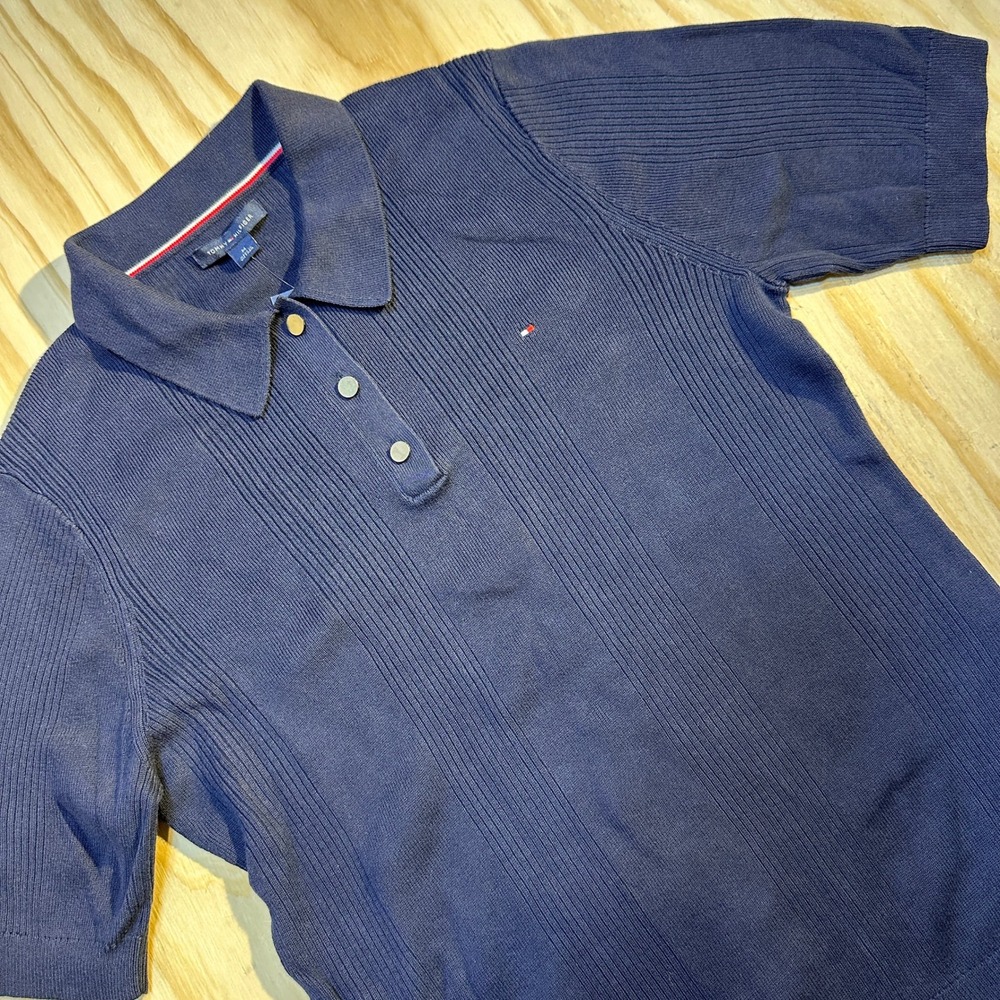Tommy Hilfiger Women Medium Navy Blue Ribbed Knit Short Sleeve Polo Sweater NEW